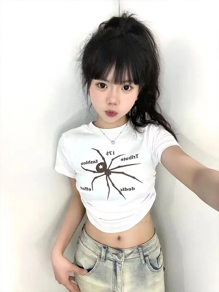 

Hikigawa 2023 Summer Spider Print Cropped Pleated T-shirts Streetwear Y2k Casual Short Sleeve Chic Fashion Women Tops Mujer