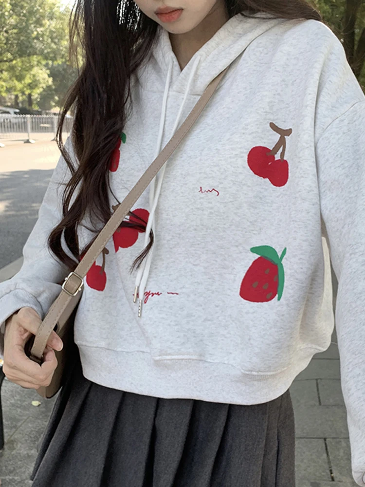 

Милые женские пуловеры с принтом вишни и клубники, осенняя модная свободная утепленная толстовка с капюшоном и длинным рукавом для отдыха