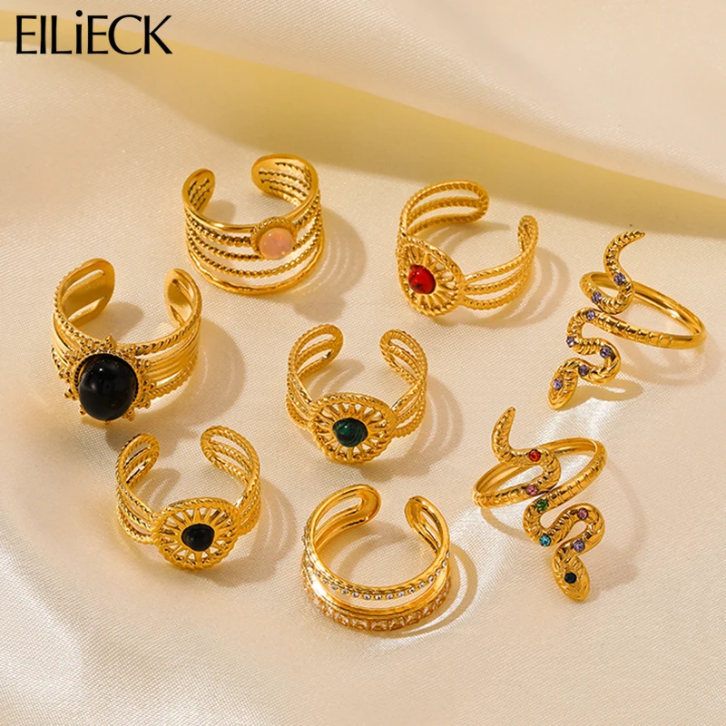 

EILIECK 316L Stainless Steel Luxury Circle Cuff Rings For Women Girl Fashion New Jewelry Lady Gift Party Retro anillos mujer