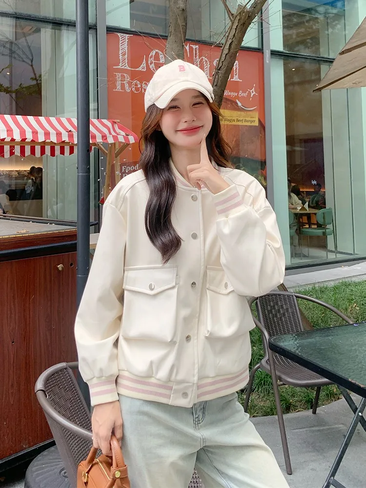 Кремово-белая бейсбольная форма-карго короткая женская куртка на весну и осень