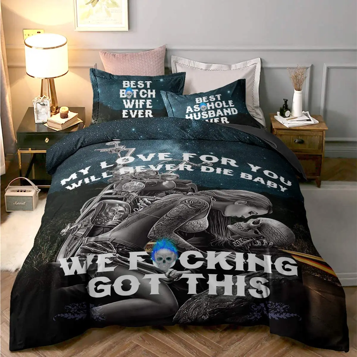 

3D Skull Duvet Cover Set King Size My Love for You Will Never Die Baby Printed Bedding Duvet Cover with Zipper Closure Ties