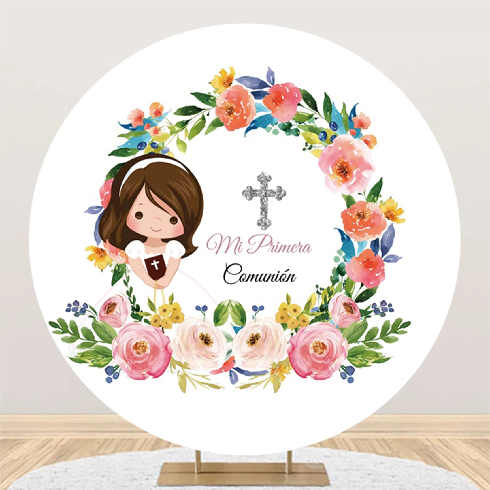 

Laeacco Girls First Communion Circle Backdrop Floral Cross Princess Baptism Birthday Portrait Customized Photography Backdrop