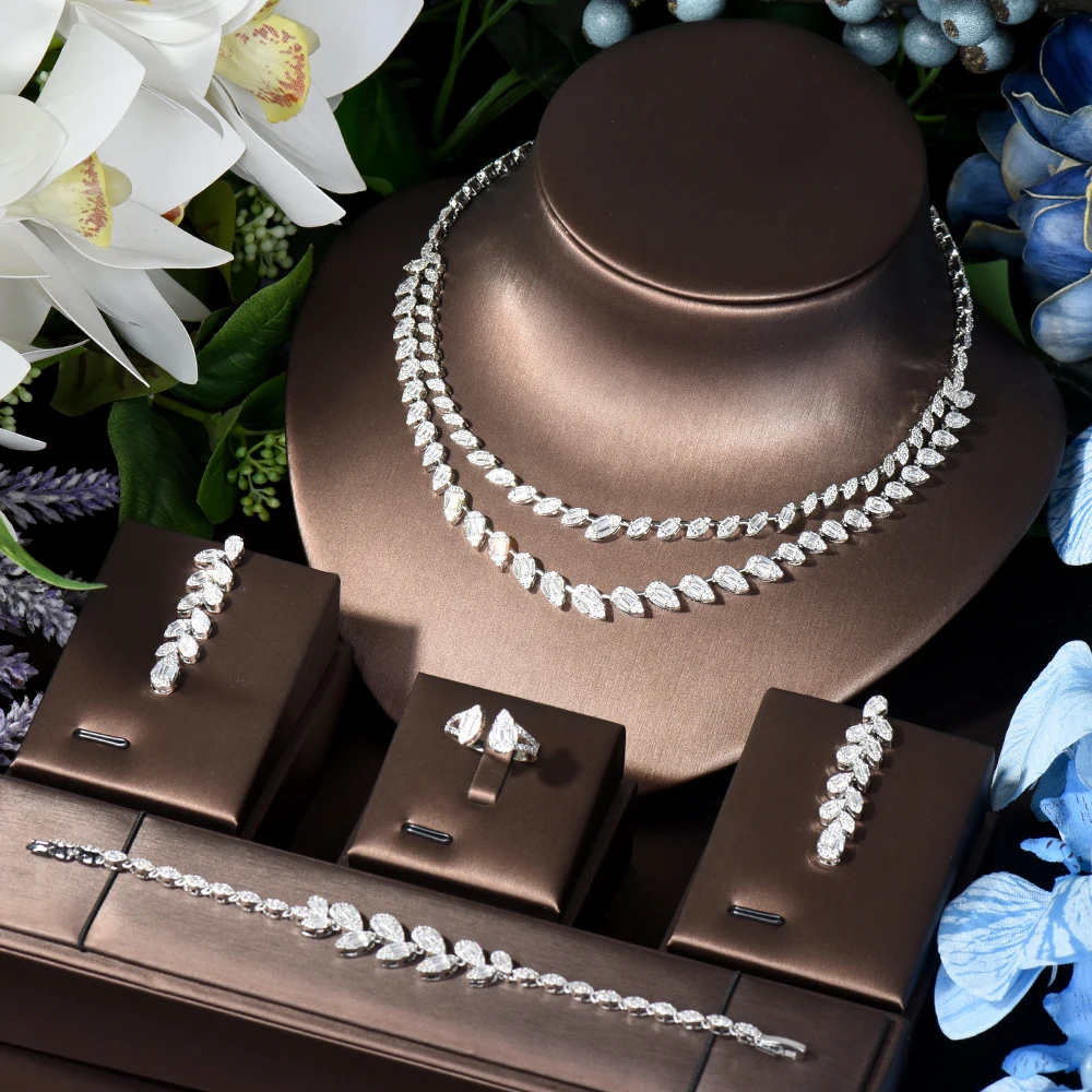 

HIBRIDE Two Layers Leaf Design Women Jewelry Set CZ Necklace And Earring Sets Bridal Wedding Accessories Bijoux Femme N-1125