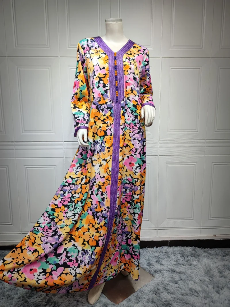 Eid Muslim Women Dress Floral Print Abaya Morocco Party Dress Prayer Abayas Long Sleeve Robe Ramadan Musulman Maxi Vestidos 2023