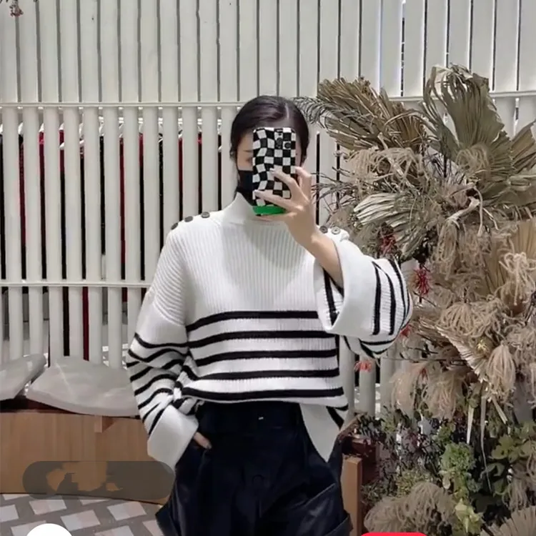 

Женский трикотажный пуловер в полоску, свитер в рубчик с высоким воротником для ранней весны, новинка 2022