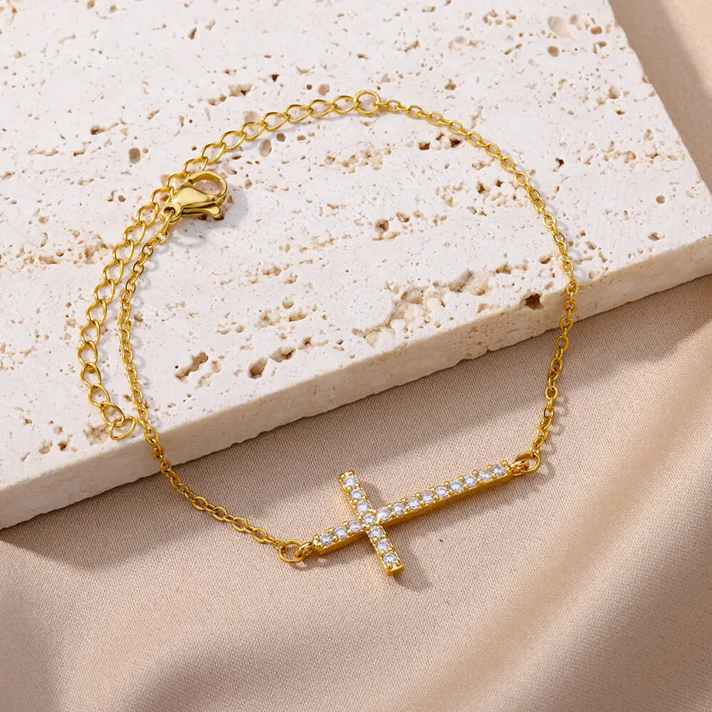 

Crystal Cross Bracelets For Women Fashion Gold Plated Stainless Steel Cross Bracelet Vintage Religion Aesthetic Jewelry Gift