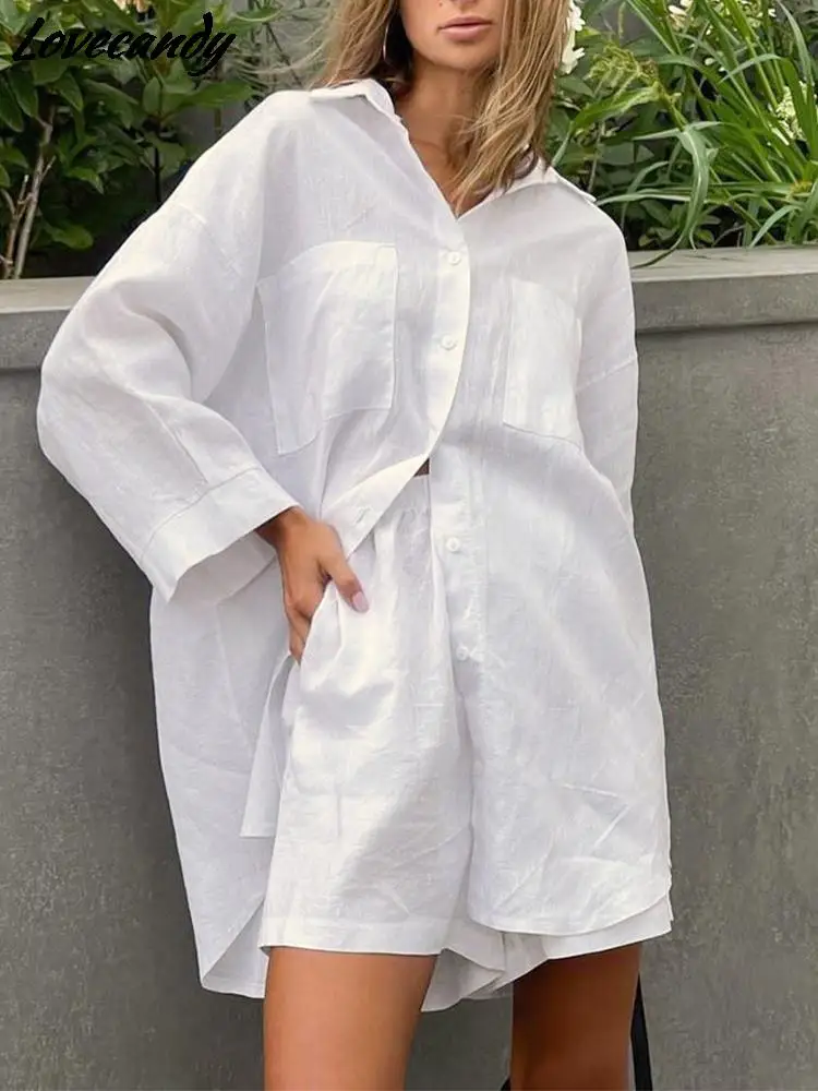 

Women Cotton Linen Shorts 2 Piece Sets Oversized Long Shirt And Wide Leg Shorts Button Suits Solid 2022 Summer Female Outfits