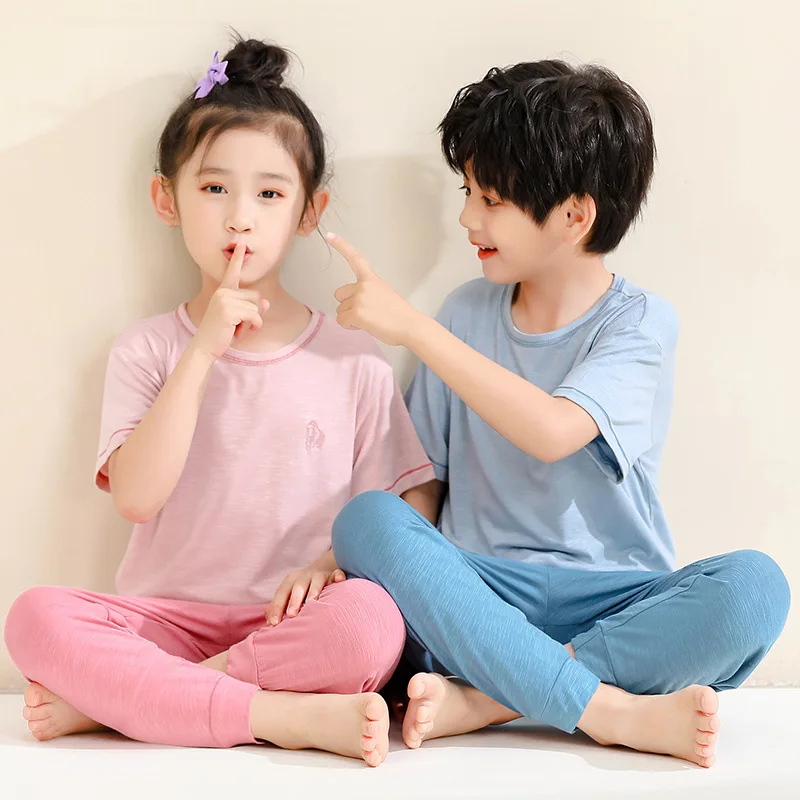 

contrasting round neck loose air conditioning suit for children parent-child elastic casual T-shirt+pants bamboo cotton clothing