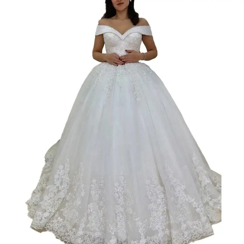 

Modest Beaded Sequins Off the Shoulder Wedding Dresses for Women Chapel Train Lace Appliques Garden Ballgown Bridal Gowns