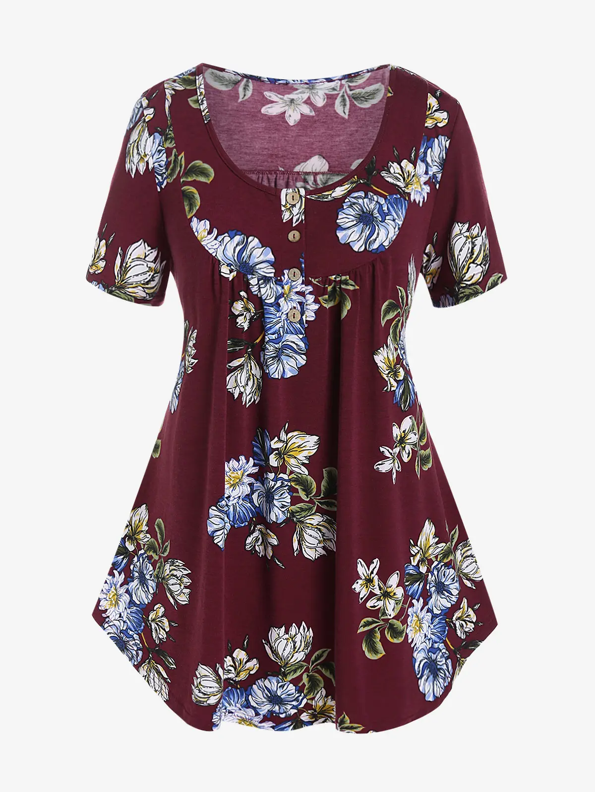 

Women's Sweaterheart Print Floral Short SLEEVE Button Loose Fit Swing Hem Tunic Tee Tank Tops