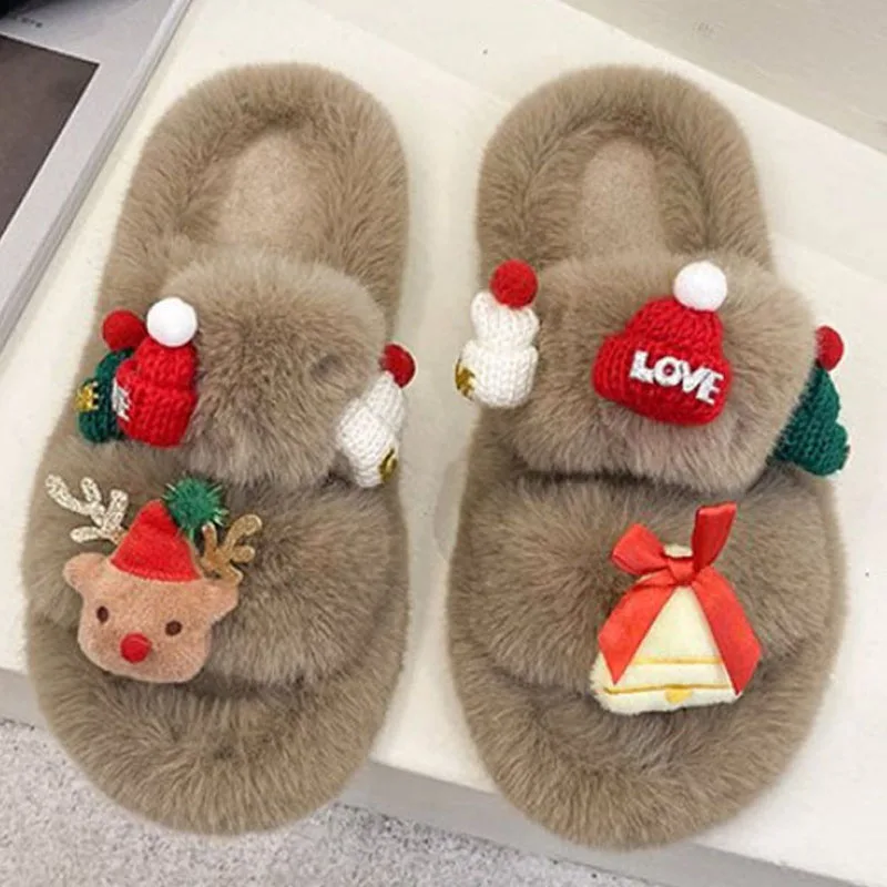 

Теплые тапочки для женщин, рождественские домашние тапочки, зимняя плюшевая женская обувь на плоской подошве, большие размеры, уличная Женс...