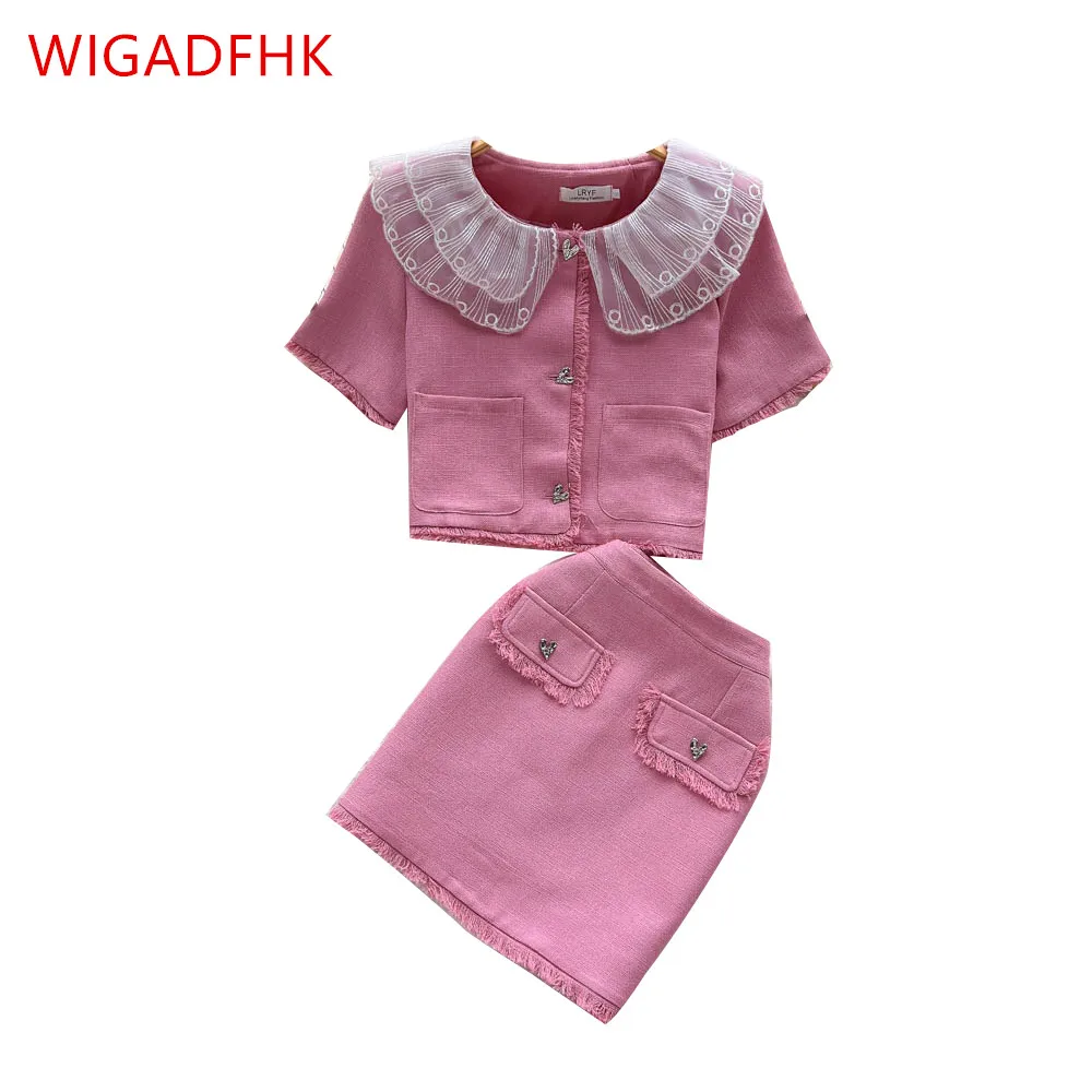 

Lace Lace Casual Suit Women's Summer New Short Doll Collar Cardigan Top High Waist Skirt Short Skirt Fashion Two-piece Set