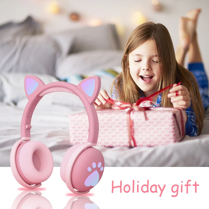 7.1 Stereo Cute Cat Bluetooth Wireless Headphone With Microphone Flashing light Noise Cancel Earphone Music Helmet Girl Kid Gift enlarge