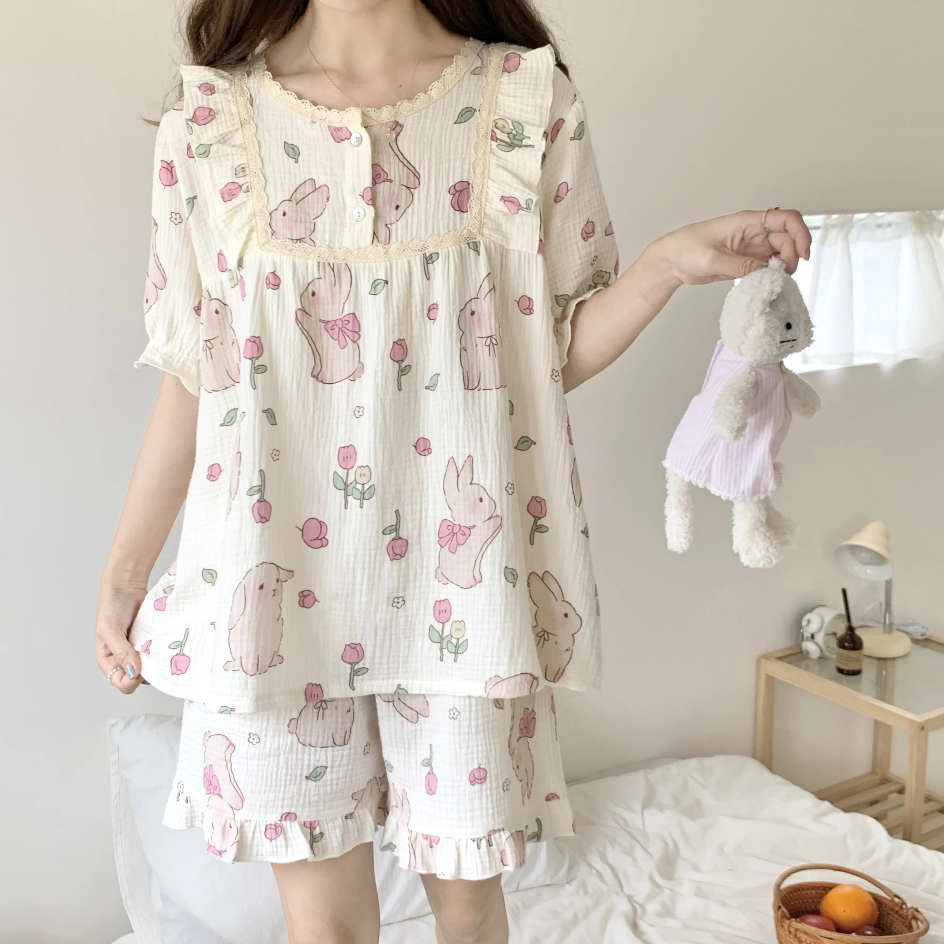 

Пижамный комплект из 100% хлопка, милая одежда для сна принцессы, шорты с коротким рукавом и мультяшным принтом, домашняя одежда, дышащая мягкая верхняя одежда S232