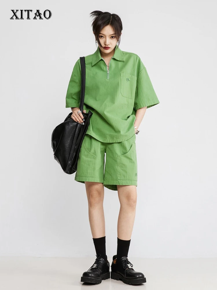 

XITAO Casual Shorts Set Fashion Solid Color Simplicity Loose Zipper Turn-down Collar Top Short Pants Two Pieces Sets ZY7234