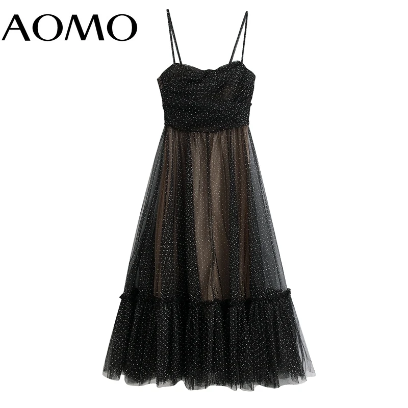 

AOMO Women Fashion Strap Mesh Dots Long Dress Vintage Female Back Zipper Maxi Dresses Vestidos BE151A
