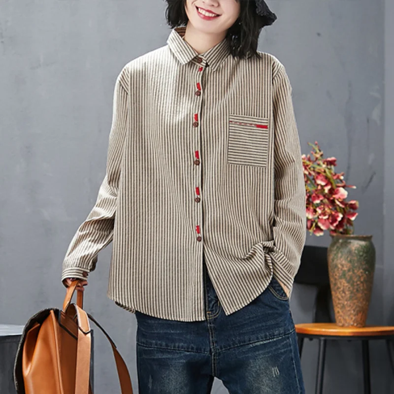 

The New Autumn Vintage Embroidered Linen Women's Blouse, Cotton Linen Striped Long Sleeve Loose Shirt Ladies Fashion Commute