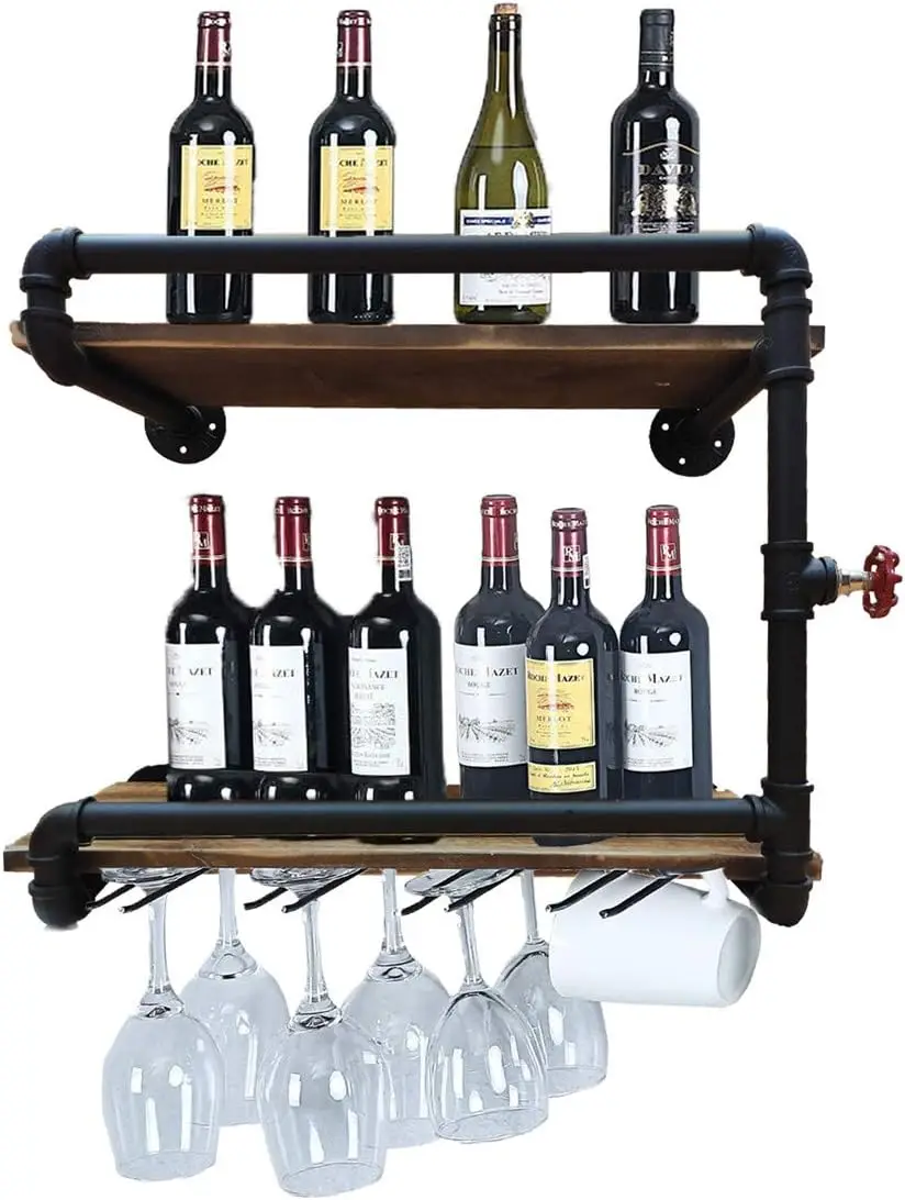 

Mounted Wine Racks with 4 Stem Glass Holder,24inch Rustic Metal Hanging Wine Holder Glass ,2-Tiers Floating Bar Shelves Bottle H