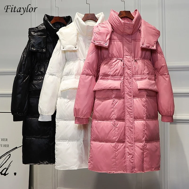 New Winter Women Detachable Hooded 90% White Duck Down Parkas Loose Long Down Coat Thickness Warm Stand Collar Outwear