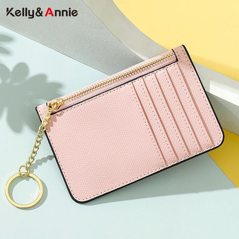

Solid Color Women's Card Holder Brand Designer pu Leather Credential Holder Fashion Small Women Wallet Coin Purse with Keychain