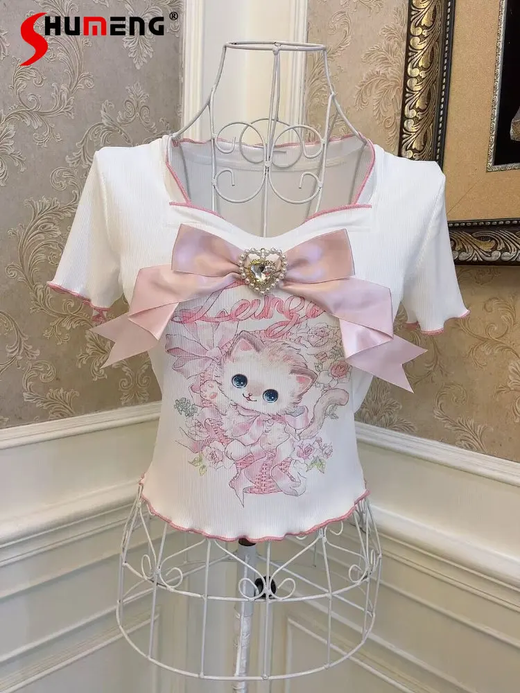 

Sweet Girl Bow Love Diamond Showa Cat Printing Tee Tops Ladies 2023 Summer New Cute Short Sleeve White Slim Short T Shirt Top