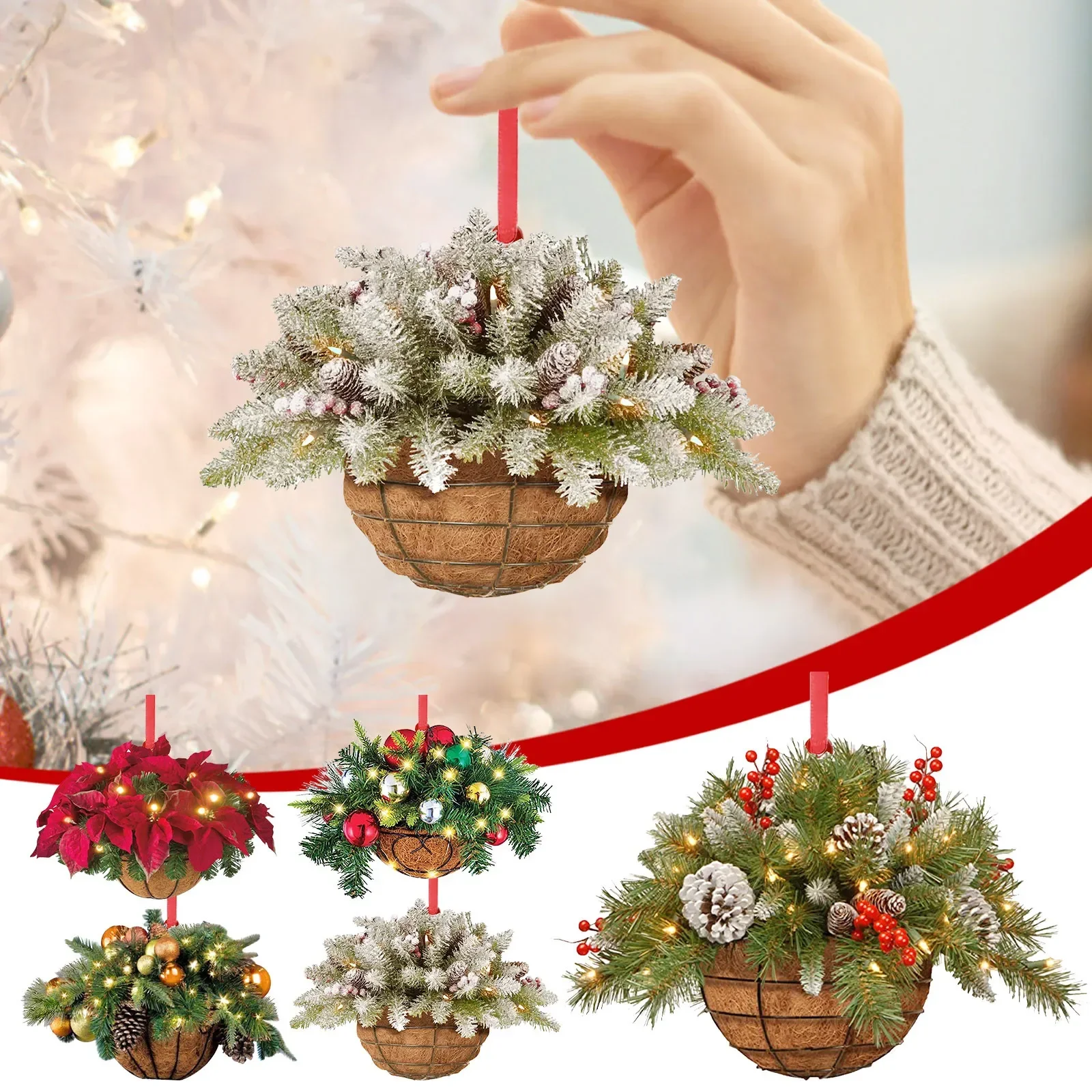 

Artificial Hanging Flower Basket Christmas Pendant 2D Green Red Wreath Plant Xmas Tree Ornaments Merry Christmas Decoration Noel