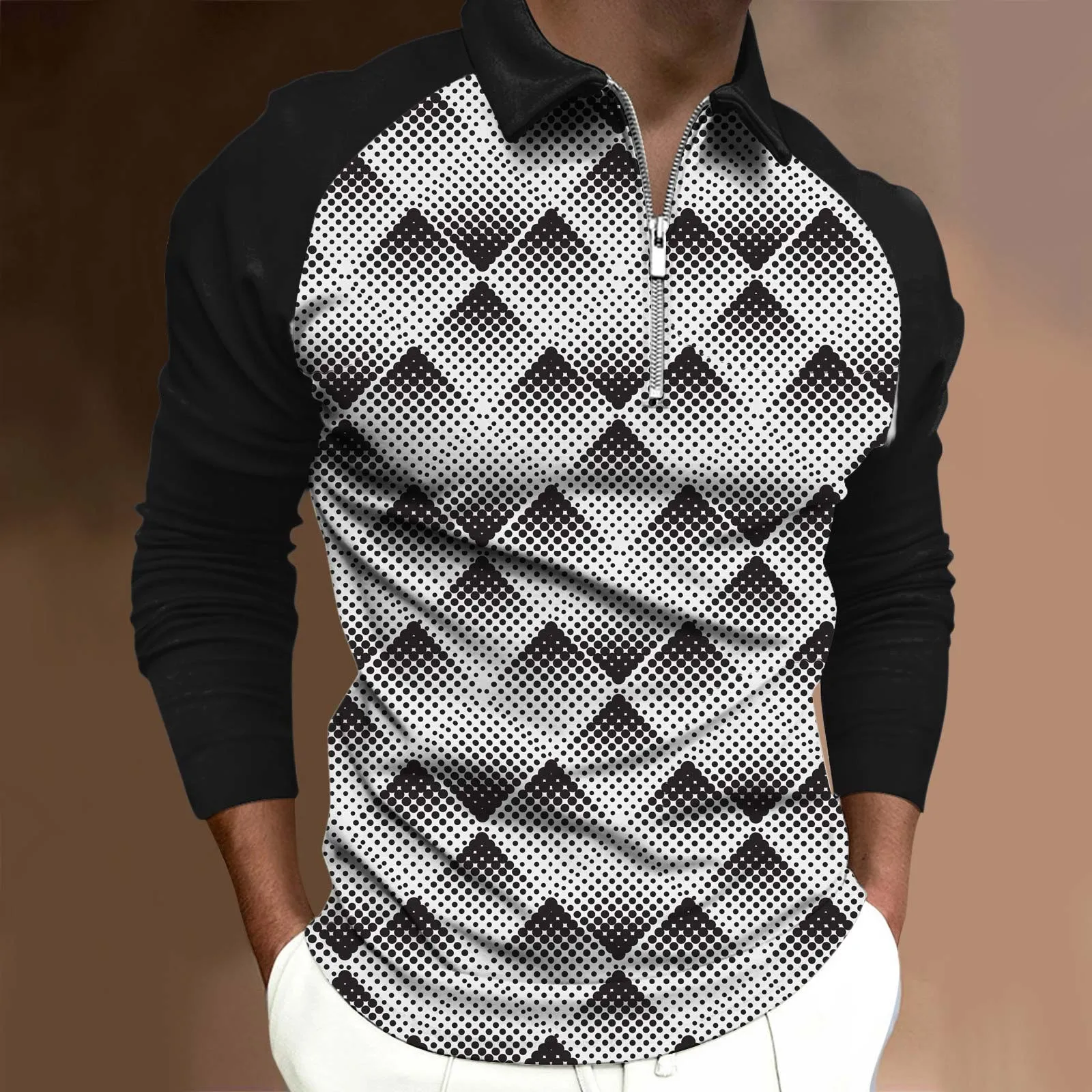 

Custom T Shirts for Men Mens Fashion Casual Sports Digital Print Lapel Raglan Zipper Long Sleeve Top Boyfriend Graphic Tees Men