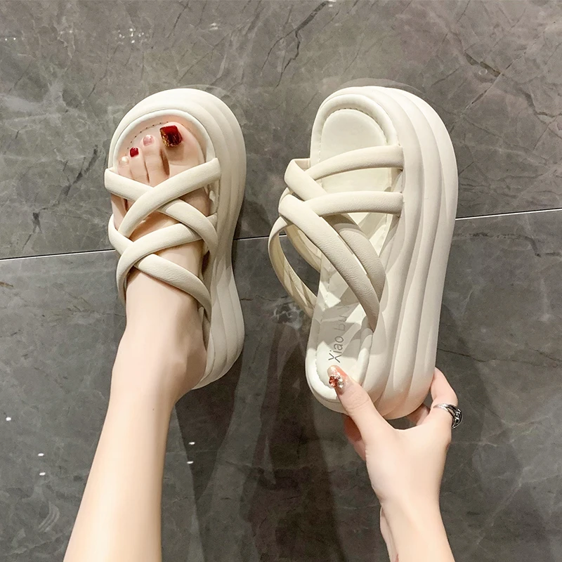 

House Slippers Platform Shoes Slipers Women Heeled Mules Slides Fashion Soft Flat 2023 Summer High Luxury PU Female Shoes Slippe