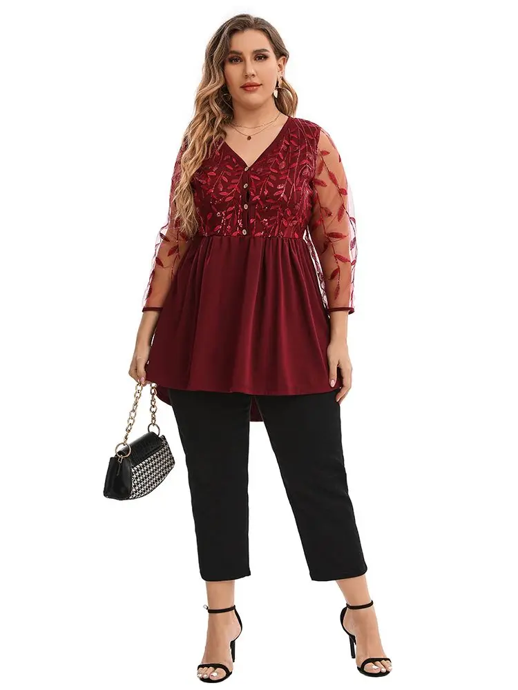 

Блузка женская с вышивкой блестками, с V-образным вырезом и длинным рукавом