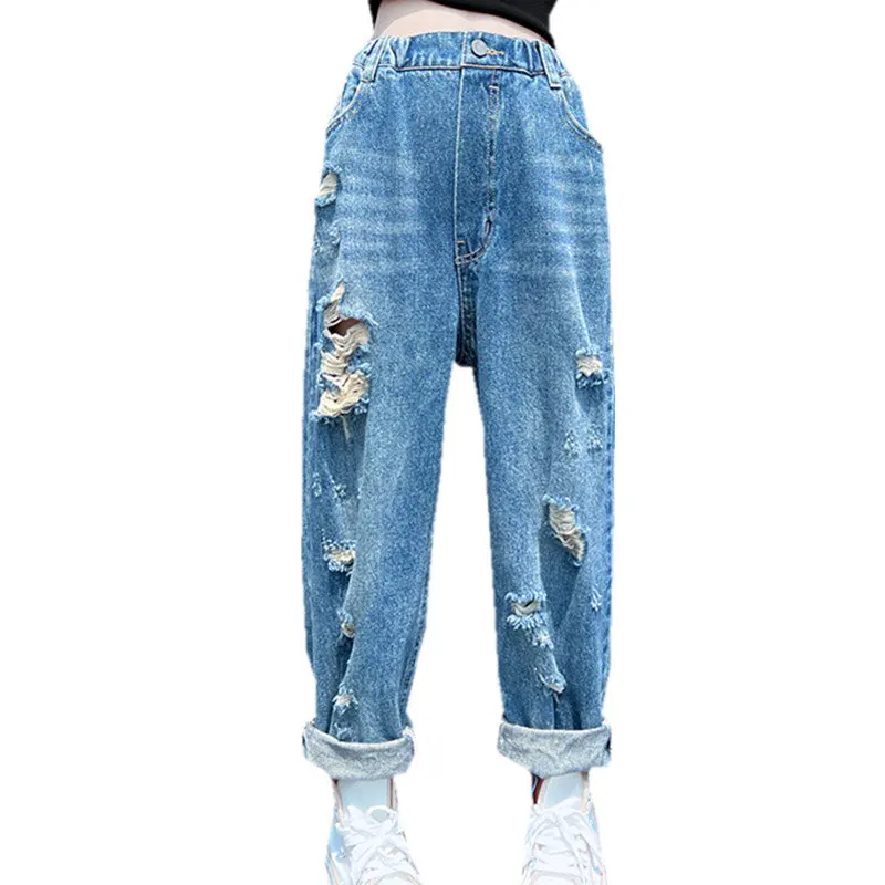

Autumn Teen Girls Jeans Ripped Blue Denim Trousers Broken Holes Korean High Waist Fashion Pants Spring 5-14 Big Children's Wear