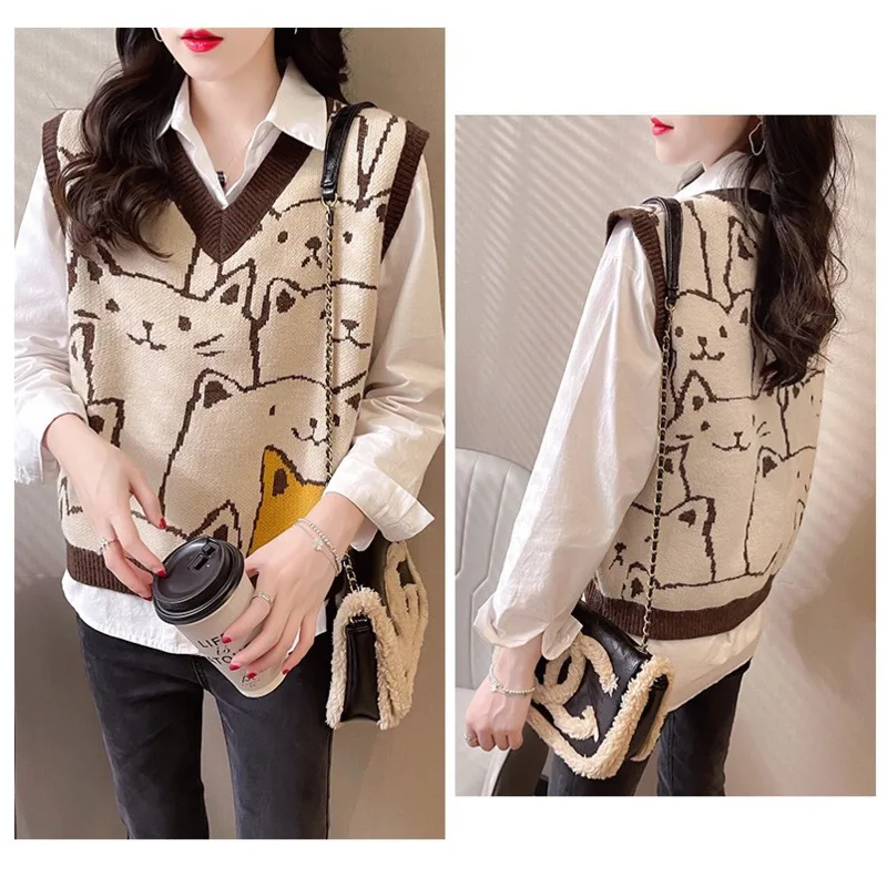 

Knitted Sweaters Women Fashion 2023 Autumn Winter Casual Pullovers V-Neck College Style Cat Print Streetwear Knit Vest Sweater