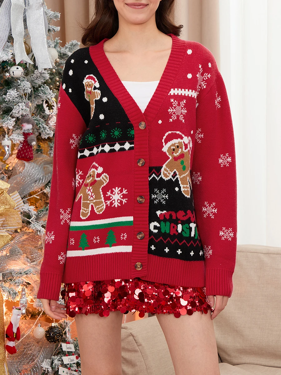 Женский рождественский кардиган свитера пряничный мужской узор ребристая