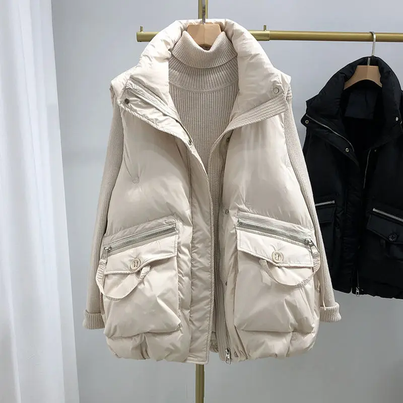 

2023 New Winter Cotton Vest Women Warm Coat Turn-down Collar Zipper Sleeveless Jacket Overcoat Loose Waistcoat Vest Coat Q414