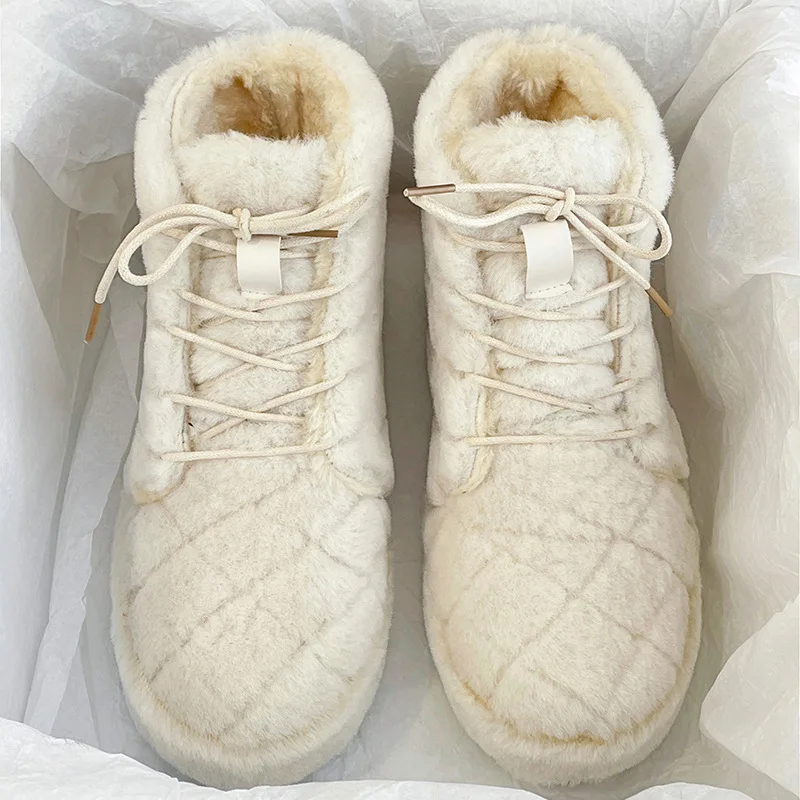 

Women's Mid Calf Boots Australia Flat Heel Lace Up Female Shoes Winter Footwear Plush Round Toe Boots-Women Luxury Designer Low