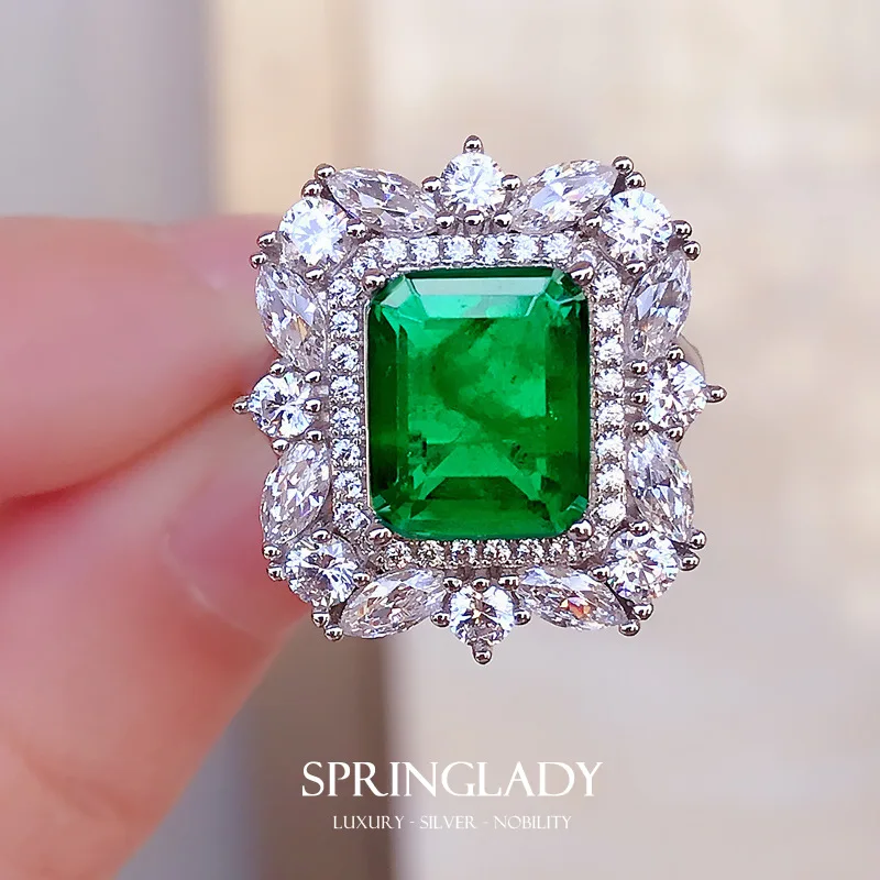 

SpringLady 925 Sterling Silver Emerald Cut Emerald Created Moissanite Gemstone Wedding Party Luxury Ring Fine Jewelry