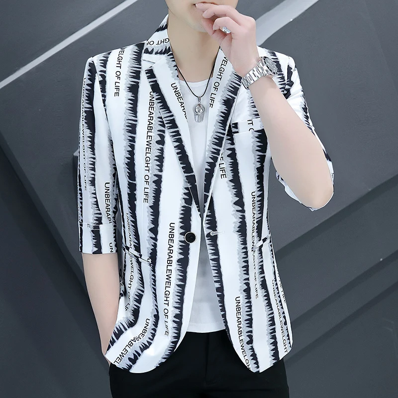 

Fashion Striped Blazers Men 2022 Summer Half Sleeve Slim Casual Suit Jacket Wedding Business Social Dress Coat Blazer Masculino