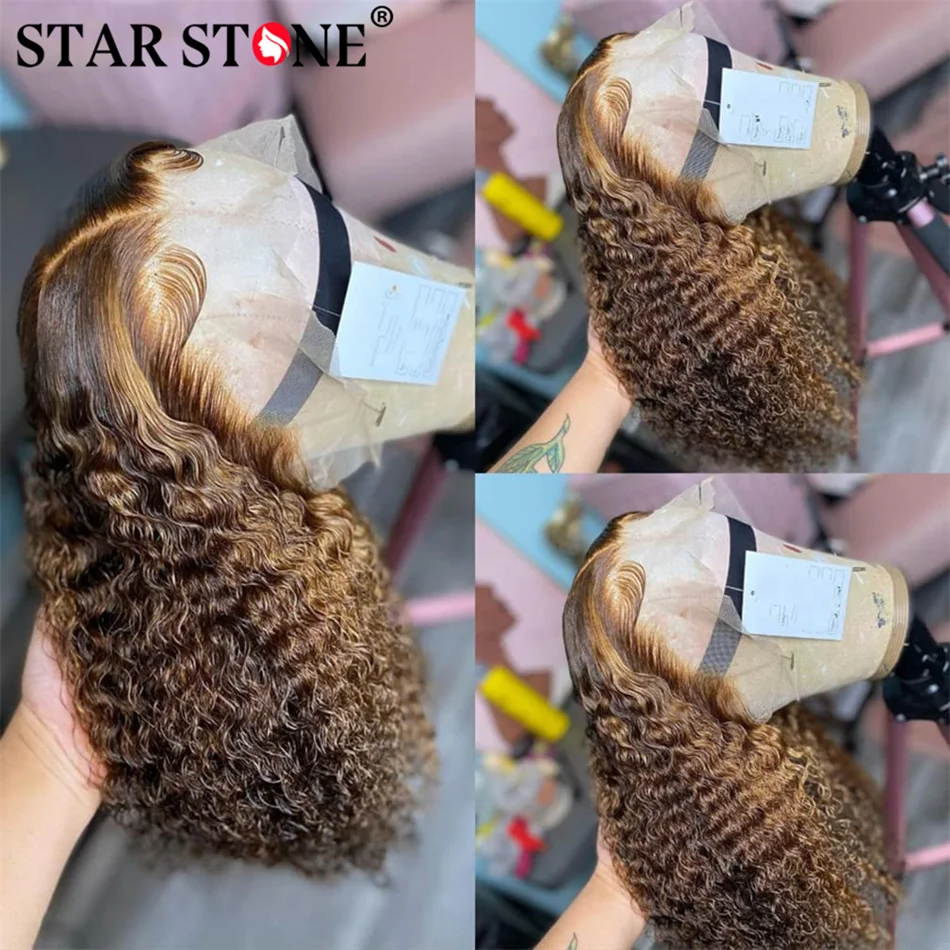 

Хайлайтер короткий боб парик на сетке спереди вьющиеся человеческие волосы парики для женщин медовая Блондинка Омбре цветные 13x4 глубокие волны на сетке спереди al парик