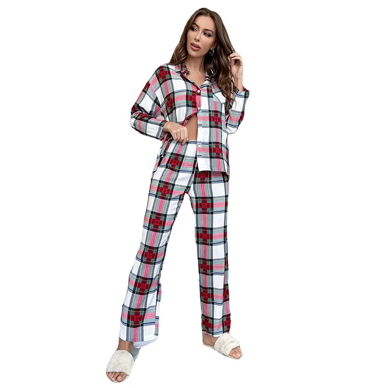 Women 2 Pieces Sleepwear Short Sleeve Plaid Button Shirt and Long Pants Pajamas Set