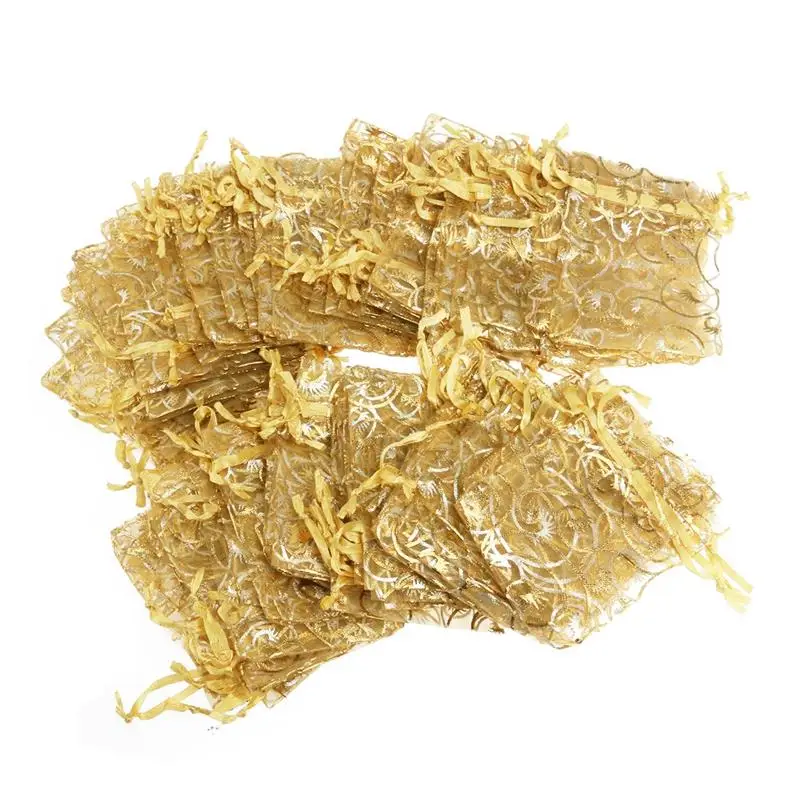 

100pcs 7*9cm Eyelash Pattern Drawstring Organza Wedding Favor Gift Bags Candy Bags Jewelry Pouches (Golden)