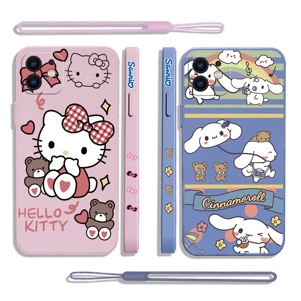 

Sanrio Hello Kitty Cinnamoroll Phone Case For iPhone 14 13 12 11 Pro Max Mini X XR XS SE 2020 8 7 Plus 6 6S Plus With Lanyard