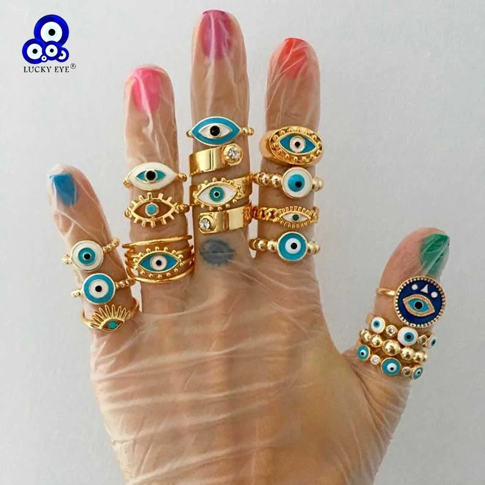 

Lucky Eye Dripping Oil Blue Turkish Evil Eye Ring Metal Gold Color Finger Ring for Women Girls Men Party Fashion Jewelry LE989