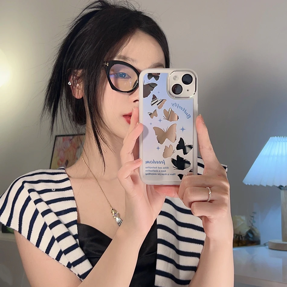 

Чехол для iPhone 14 Pro Max, металлический зеркальный синий чехол с бабочкой для iPhone 13 12 11 Pro Max 14Plus X XR XS MAX, противоударный мягкий чехол