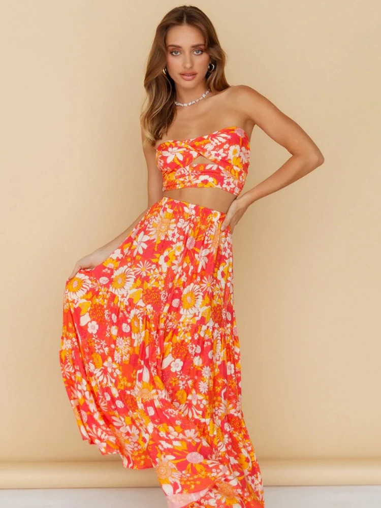 

Jastie Summer New Sexy Tube Top Top Casual Boho Holiday Beach Skirt Two Piece Set Women Outfit Elegant Long Floral Skirt Suit