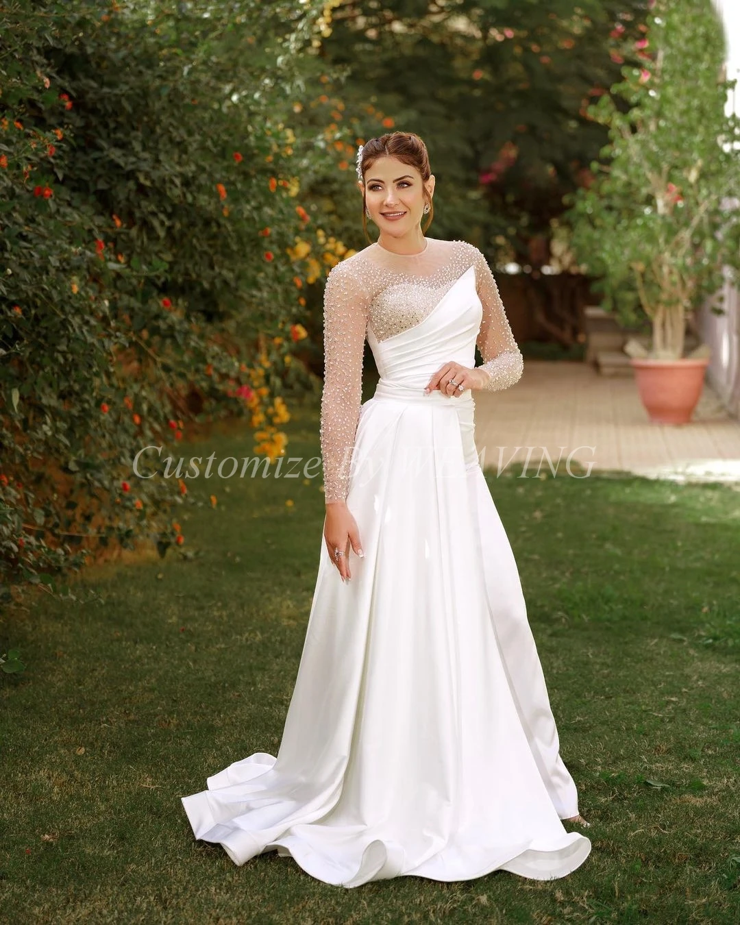 

Mermaid White Satin Long Sleeves Prom Dresses O-Neck Beadings Floor Length Saudi Arabic Women Evening Party Dress