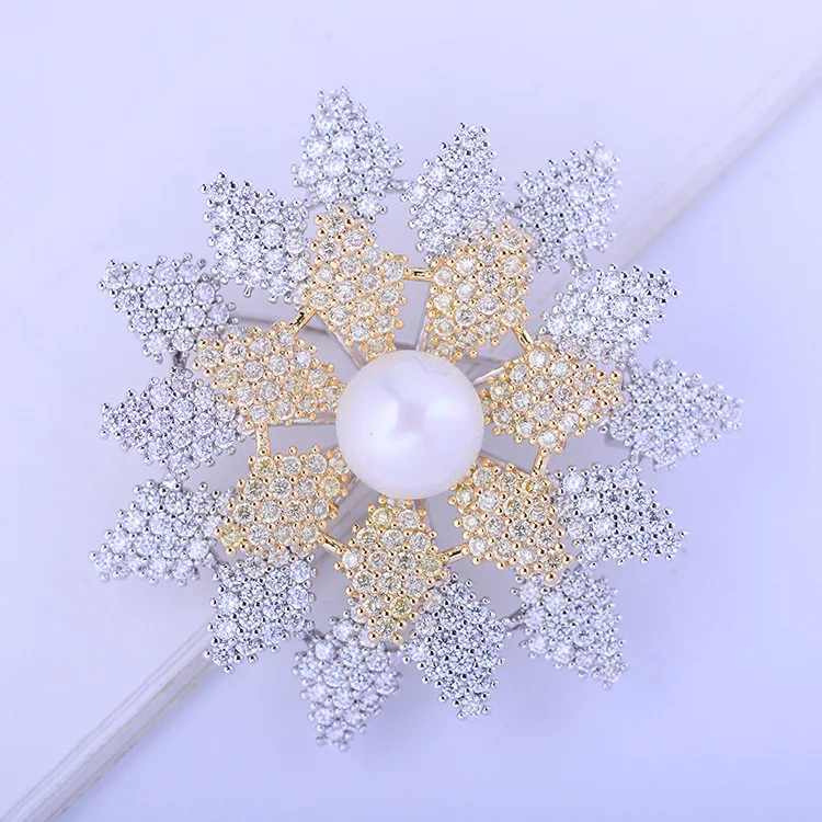 Korean Version Two-color Gold Clothing Accessories Inlaid Zircon Sun Flower Brooch Imitation Pearl Brooch Pin Wholesale