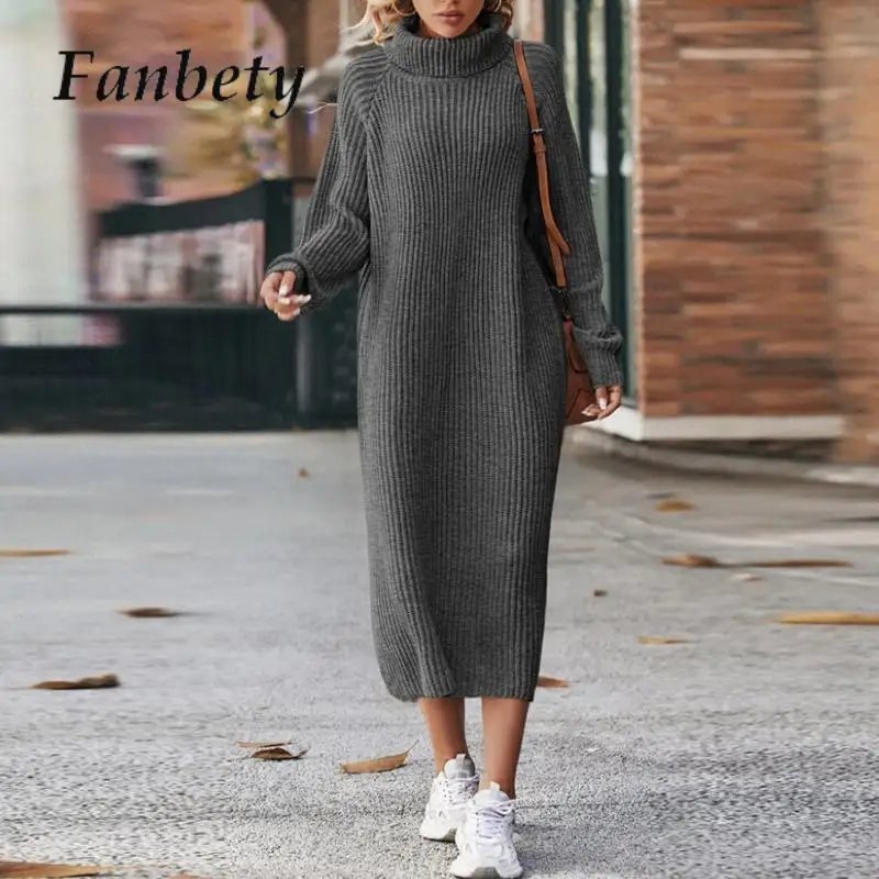 

Женское длинное трикотажное платье-свитер с длинным рукавом и высоким воротником