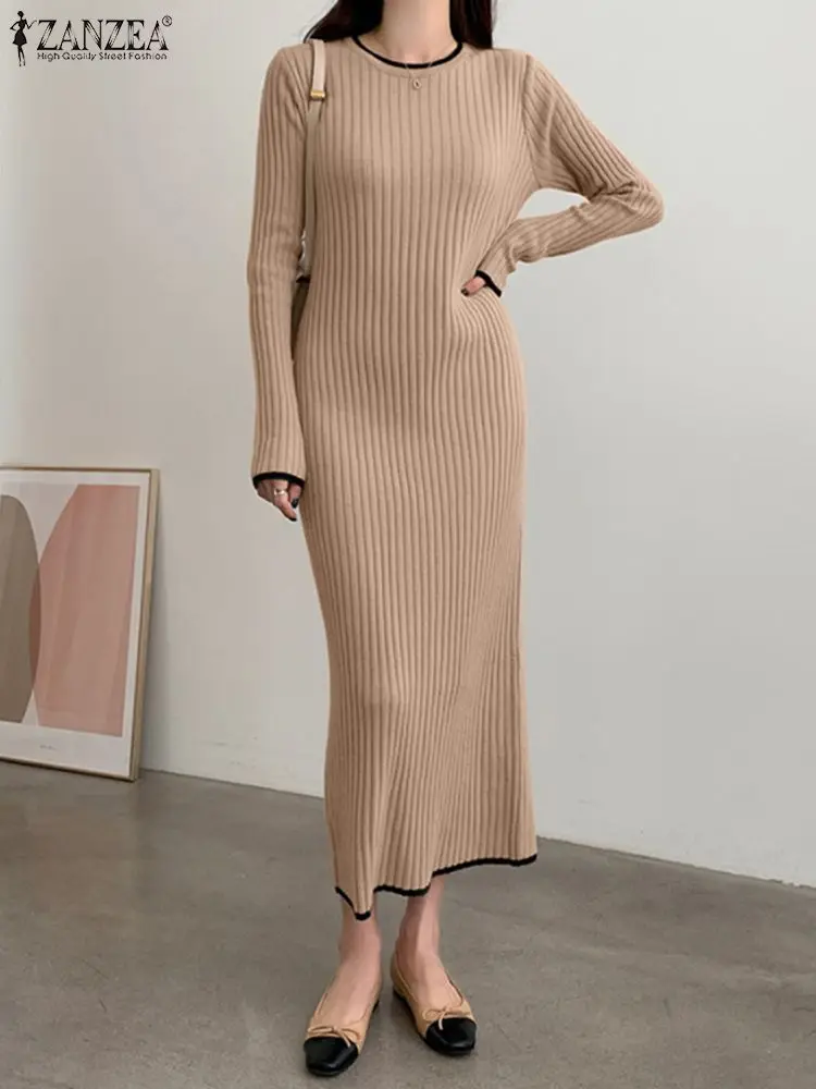 

2023 ZANZEA Spring Women Casual Dress Knitting Tight Sundress Female Long Sleeve O-Neck Contrast Color Fashion Elegant Robe