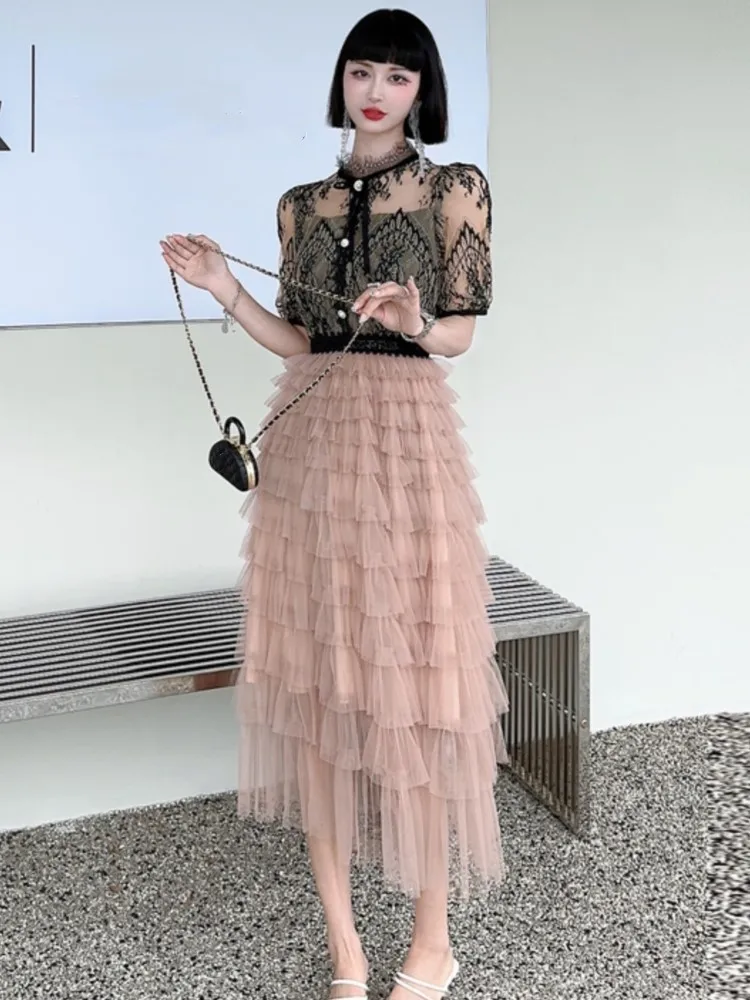 

Французское винтажное кружево, женское летнее платье с милыми каскадными оборками, женское Повседневное платье