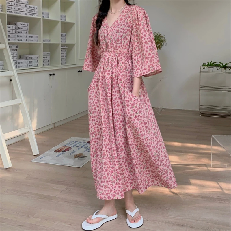 

Summer Long dress 2022 Korean style girls Short sleeve Floral dress womens Long Pleated dress female (S0452)