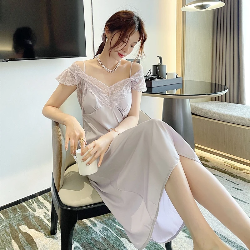 

2022 Летнее шелковое атласное сексуальное кружевное белье без рукавов с V-образным вырезом ночные рубашки для женщин Корейская одежда для сна ночная рубашка